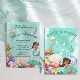 Invitation Baby shower de cheveux foncés de sirène vert migno