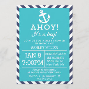 Invitation Baby shower de Chevron marine et turquoise