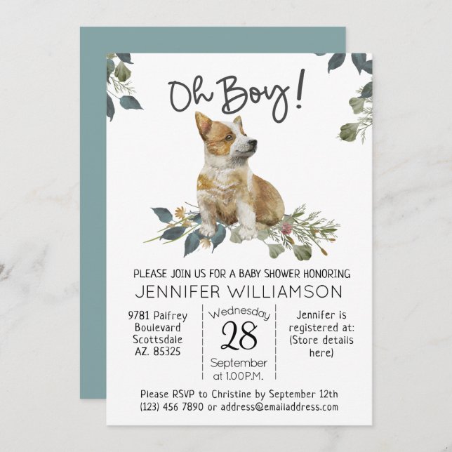 Invitation Baby shower de chien Oh mon garçon ! Corgi Puppy (Devant / Derrière)