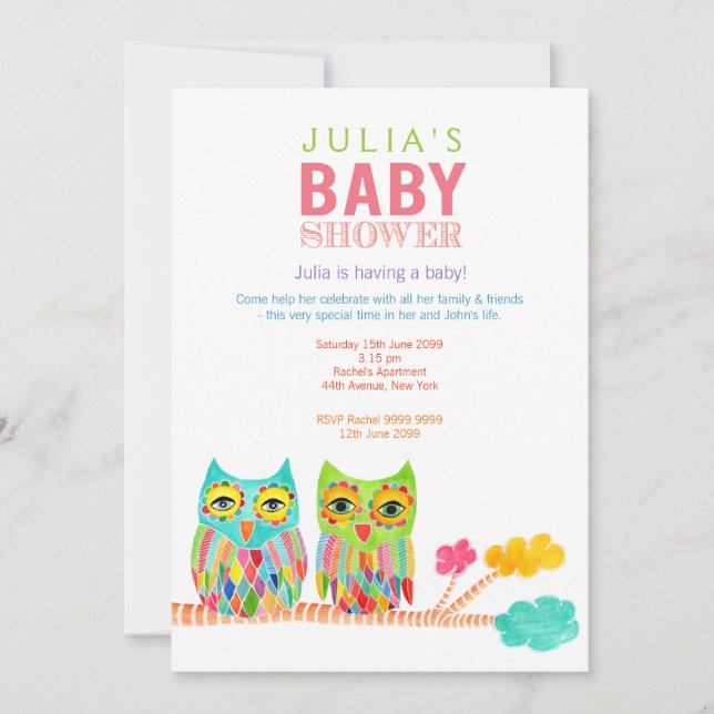 Invitation Baby shower de chouette arc-en-ciel (Devant)