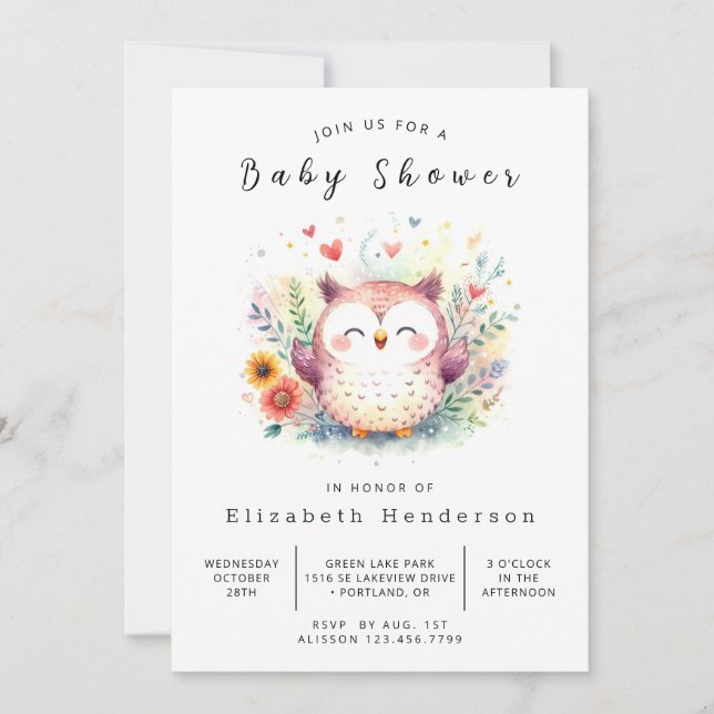 Invitation Baby shower de Chouette éditable de la forêt (Devant)