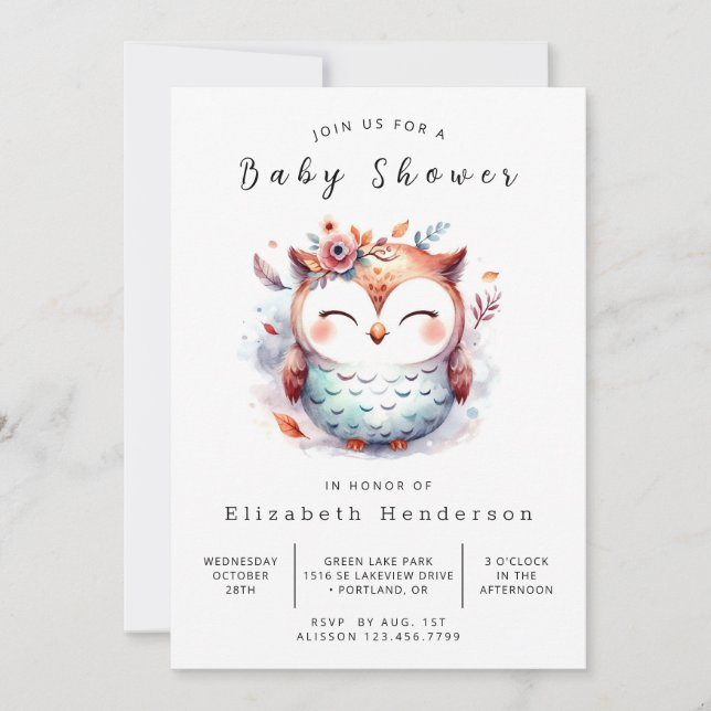 Invitation Baby shower de Chouette modifiable de la nature (Devant)