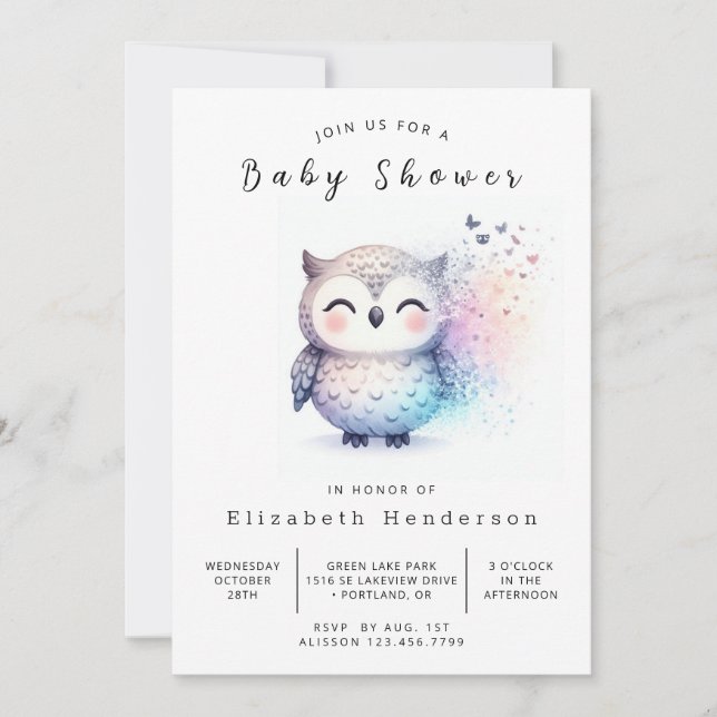 Invitation Baby shower de Chouette modifiable gracieux (Devant)