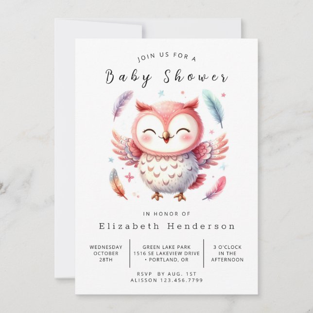 Invitation Baby shower de Chouette modifiable moderne (Devant)