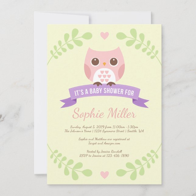 Invitation Baby shower de Chouette rose (Devant)