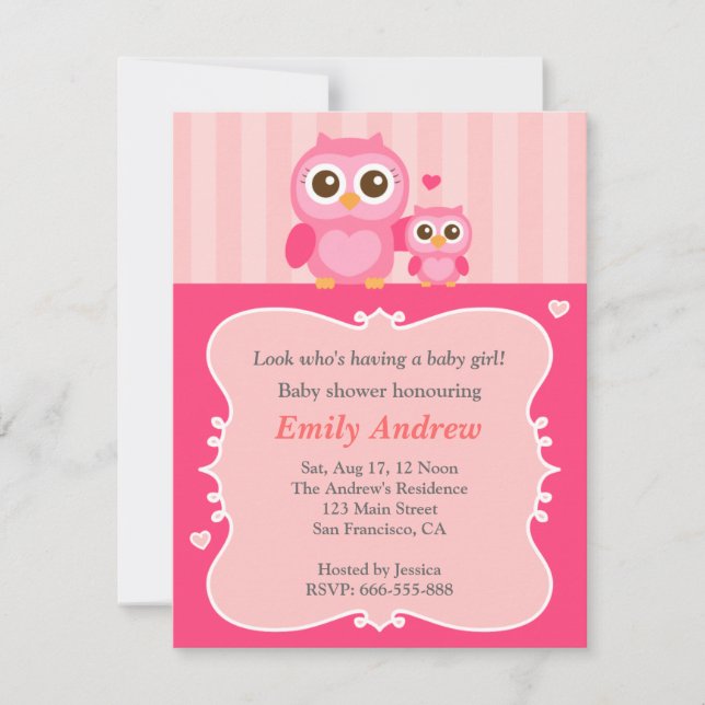 Invitation baby shower de chouette rose, momie et enfant (Devant)