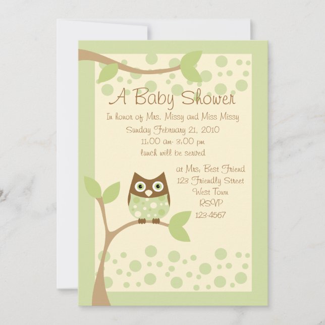 Invitation Baby shower de Chouette verte douce (Devant)