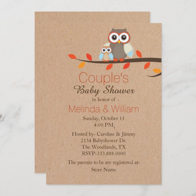 Invitation Baby shower de Chouettes rustiques (Devant / Derrière)