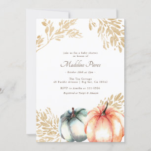 Invitation Baby shower de chute d'or Orange Citrouille aquare