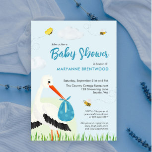Invitation Baby shower de cigogne bleu clair