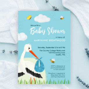 Invitation Baby shower de cigogne bleue mignonne