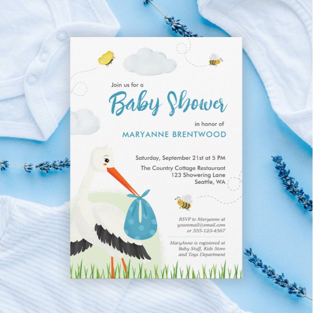 Invitation Baby shower de cigogne bleue mignonne (Blue stork baby shower or baby sprinkle boy theme invitation template personalized )