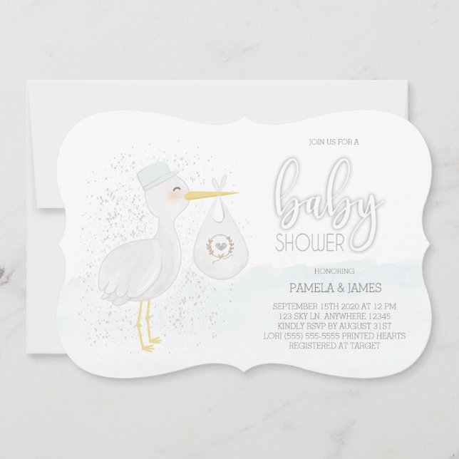 Invitation Baby shower de cigogne d'aquarelle moderne (Devant)