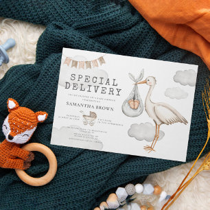Invitation Baby shower de cigogne élégant à aquarelle