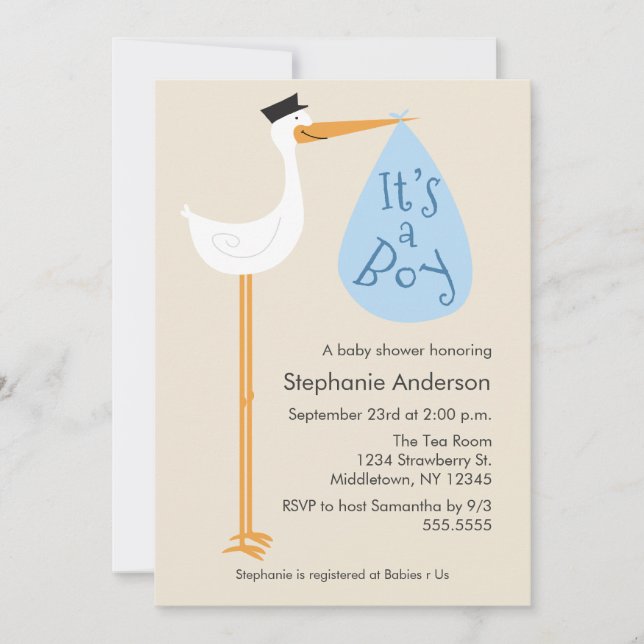 Invitation Baby shower de cigogne moderne - Garçon (Devant)