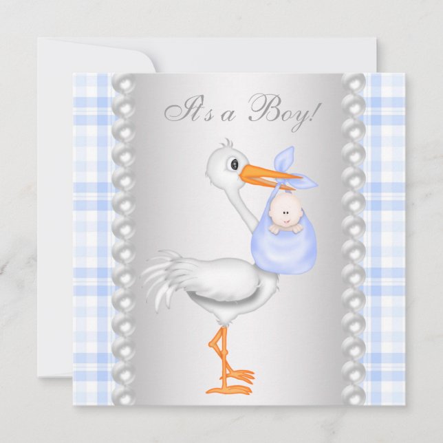 Invitation Baby shower de cigogne Pearls Blue En vichy (Devant)