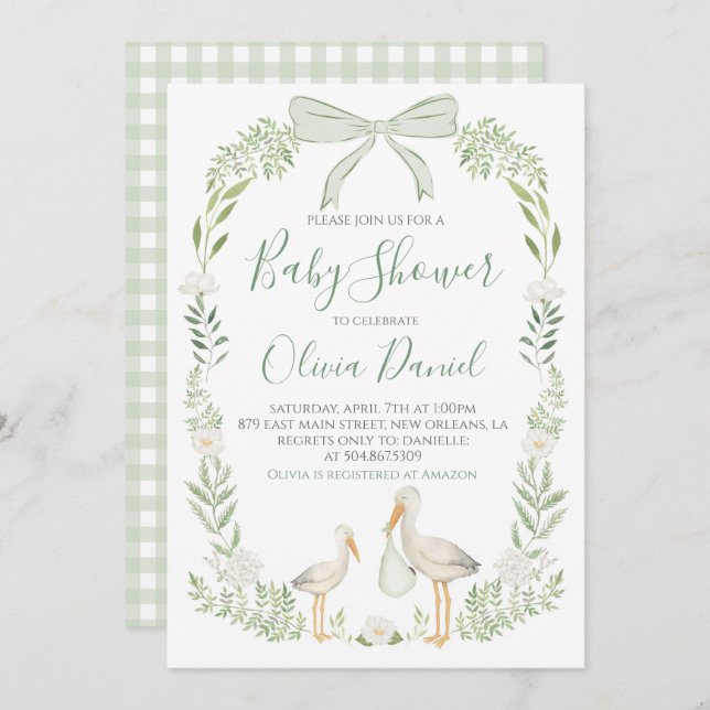Invitation Baby shower de cigogne Preppy Coquette Sage Green (Devant / Derrière)