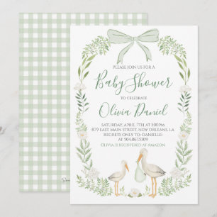 Invitation Baby shower de cigogne Preppy Coquette Sage Green