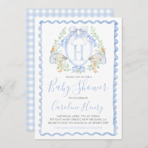 Invitation Baby shower de cigogne Preppy En vichy bleu