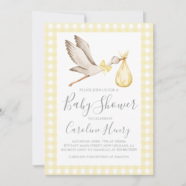 Invitation Baby shower de cigogne Preppy En vichy jaune neutr (Devant)