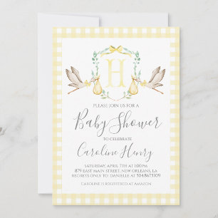 Invitation Baby shower de cigogne Preppy En vichy jaune neutr