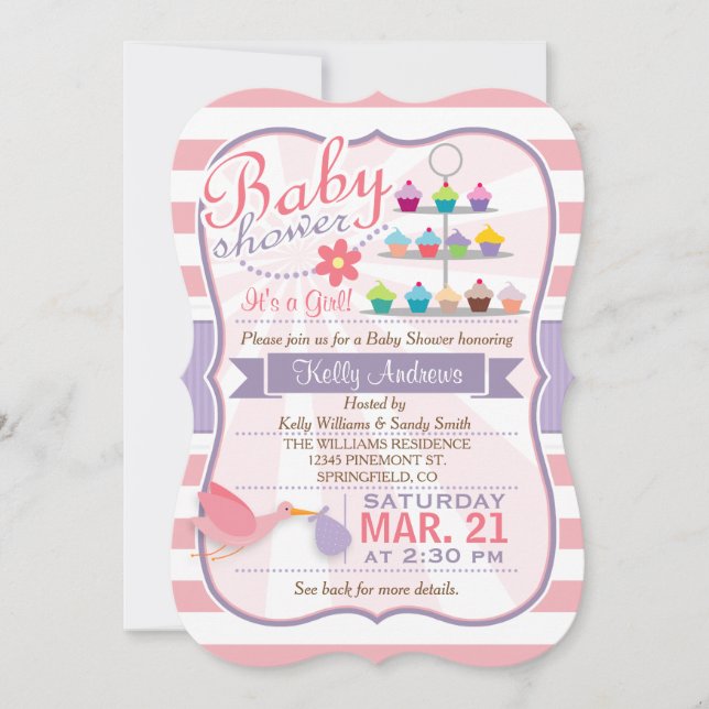 Invitation Baby shower de cigogne rose, blanc et violet lavan (Devant)
