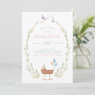 Invitation Baby shower de cigogne rose et bleu