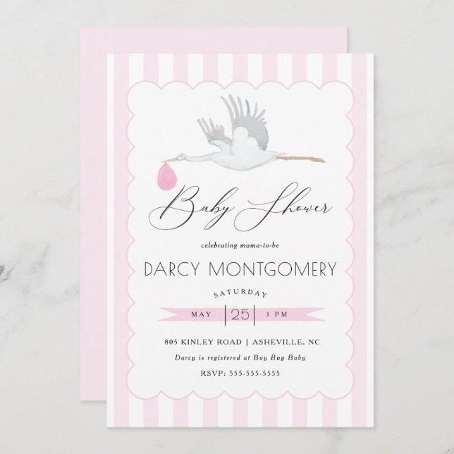 Invitation Baby shower de cigogne rose pour une pe (Devant / Derrière)
