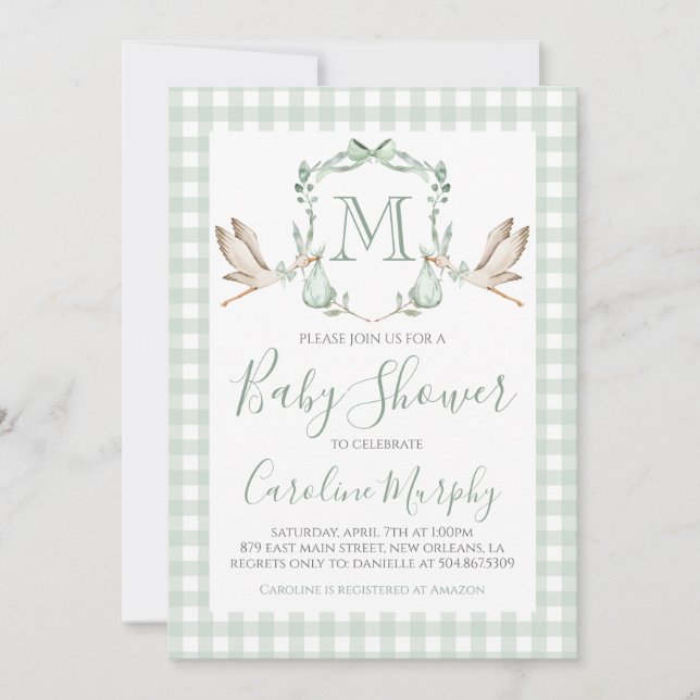 Invitation Baby shower de cigogne verte Sage Preppy En vichy (Devant)