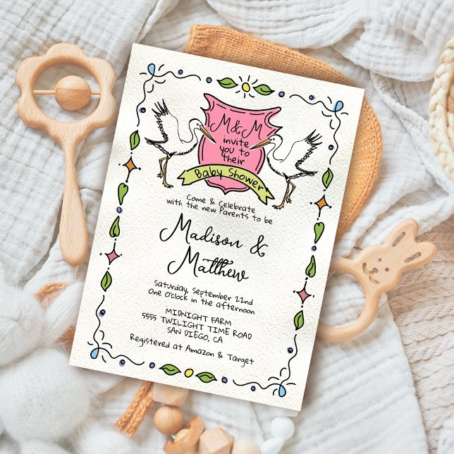 Invitation Baby shower de cime de cigogne lunaire tiré à la m (Créateur téléchargé)