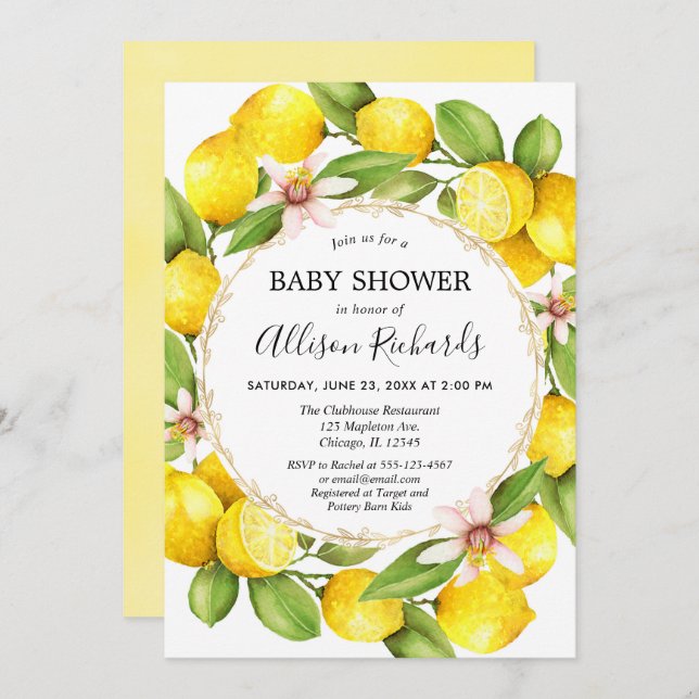 Invitation baby shower de citron, végétation de citrons doux (Devant / Derrière)