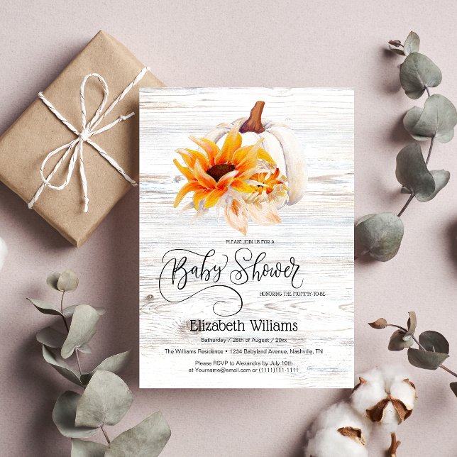 Invitation Baby Shower de citrouille aquarelle en bois blanc  (Créateur téléchargé)
