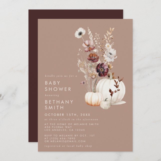 Invitation Baby shower de Citrouille de fleurs Rustic Fall Ta (Devant / Derrière)