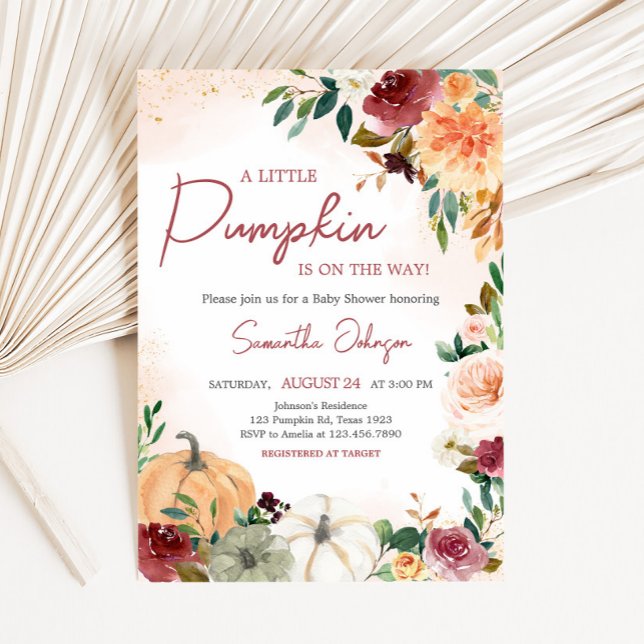 Invitation Baby shower de Citrouille floral de Bourgogne (Fall Floral Pumpkin Baby Shower Invitation)