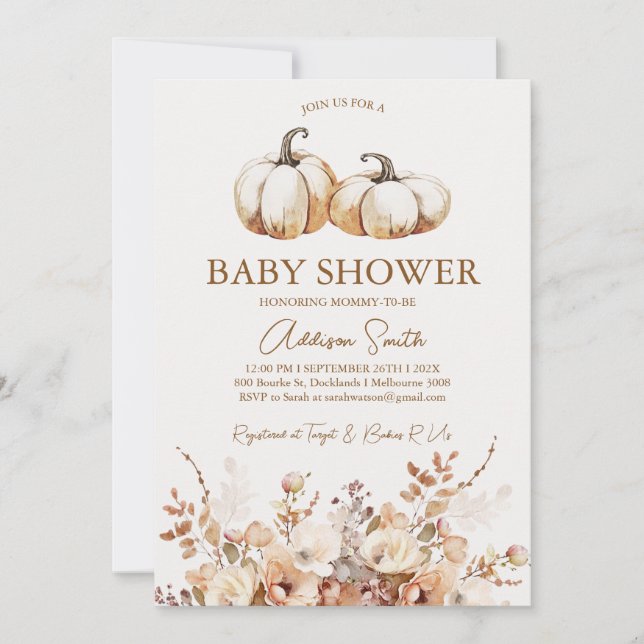 Invitation Baby shower de Citrouille moderne Brown beige (Devant)