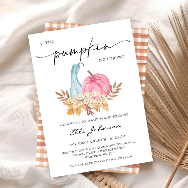 Invitation Baby shower de Citrouille rose bleu Rustique Autom (Fall Little Pumpkin Baby Shower Invitation, Blue Pink Pumpkin Baby Shower Invite, Autumn Baby )