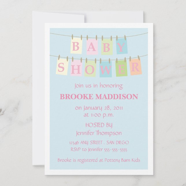 Invitation Baby shower de clothesline rose (Devant)