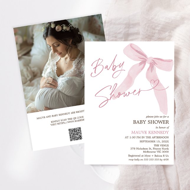 Invitation Baby shower de code QR de Bow rose moderne (Minimalist Girls Pink Bow baby Shower Invitation With QR Code, Bow Baby Shower Invitation Template)