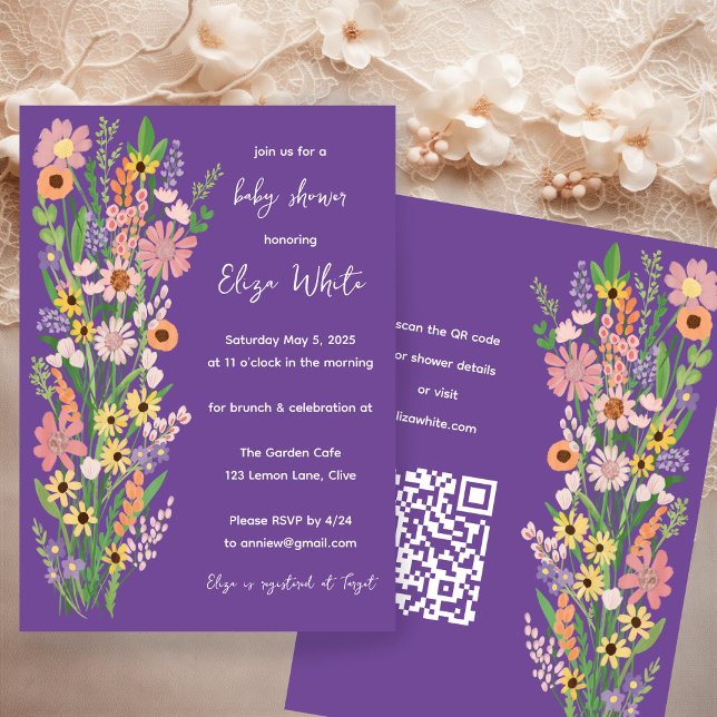 Invitation Baby shower de code QR personnalisé peint à la mai (Wildflowers Handpainted Custom QR code Baby Shower Invitation Purple
)
