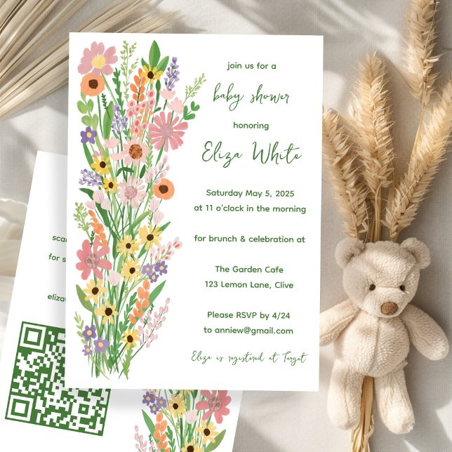 Invitation Baby shower de code QR personnalisé peint à la mai (Wildflowers Handpainted Custom QR code Baby Shower Invitation
)