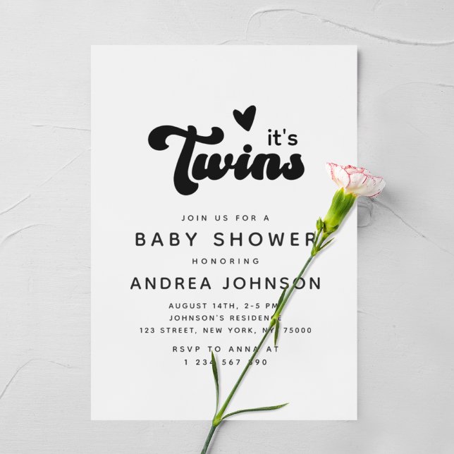 Invitation Baby shower de coeur minimal Super Retro Twins (Créateur téléchargé)
