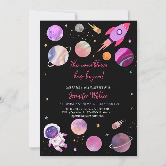 Invitation Baby shower de compte à rebours spatial pour astro (Devant)
