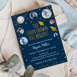 Invitation Baby shower de compte d'espace Blue Gold Galaxy