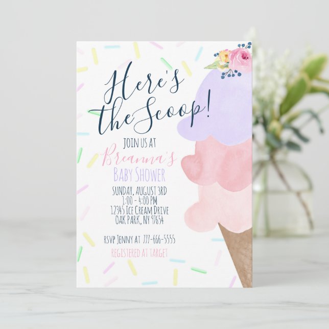 Invitation Baby shower de cône de crème glacée rose et violet (Debout devant)