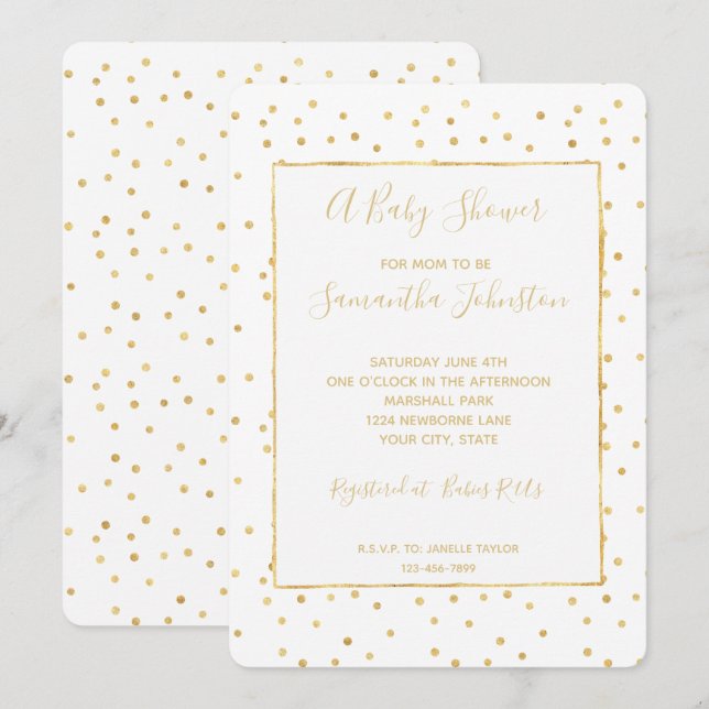 Invitation Baby shower de Confetti blanc et or brillant (Devant / Derrière)