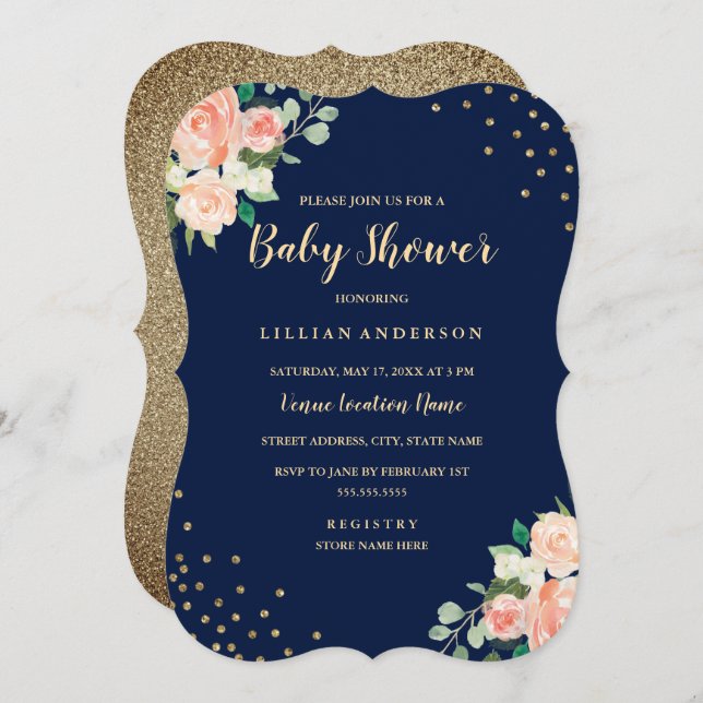 Invitation Baby shower de Confetti Floral Gold de la Marine (Devant / Derrière)