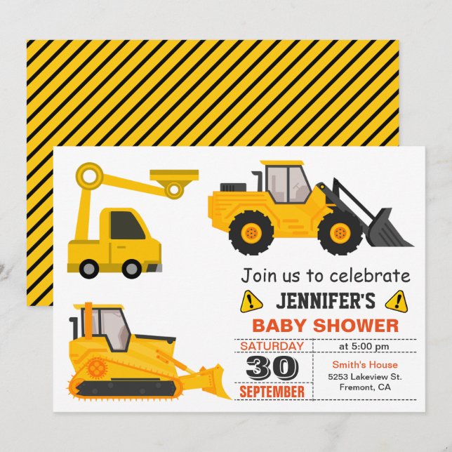 Invitation Baby shower de construction Bulldozer (Devant / Derrière)