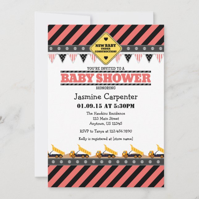 Invitation Baby shower de construction de corail (Devant)