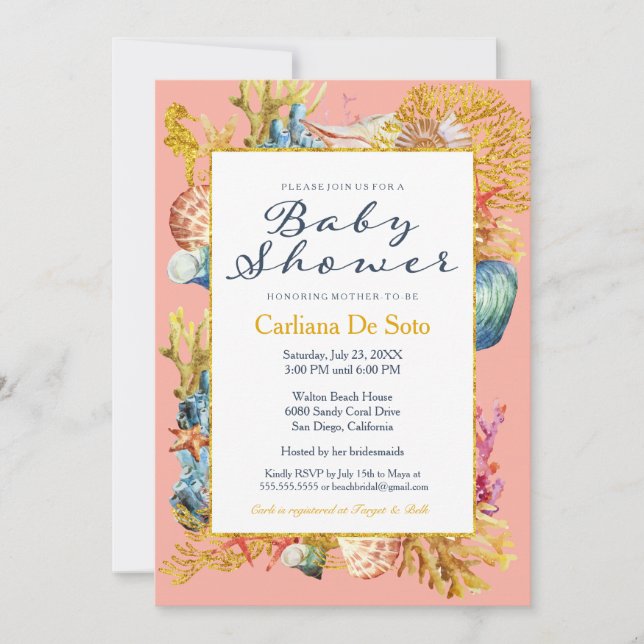 Invitation Baby shower de coquillages de plage nau (Devant)
