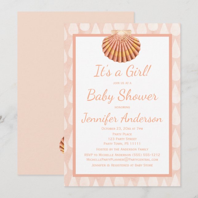 Invitation Baby shower de corail de coquillage (Devant / Derrière)